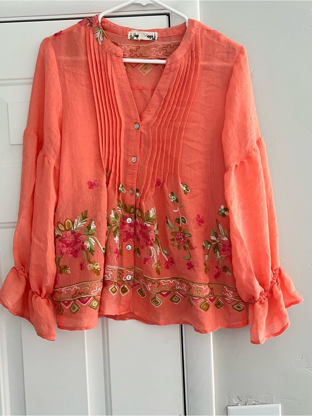 Embroidered Coral Button-Front Tunic Top